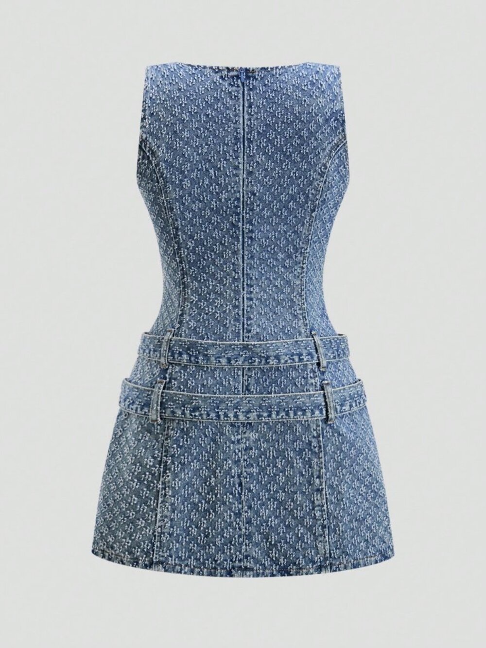 Dark Wash Sleeveless Women's Denim Dress with Waist Buckle - Picture 2 of 5